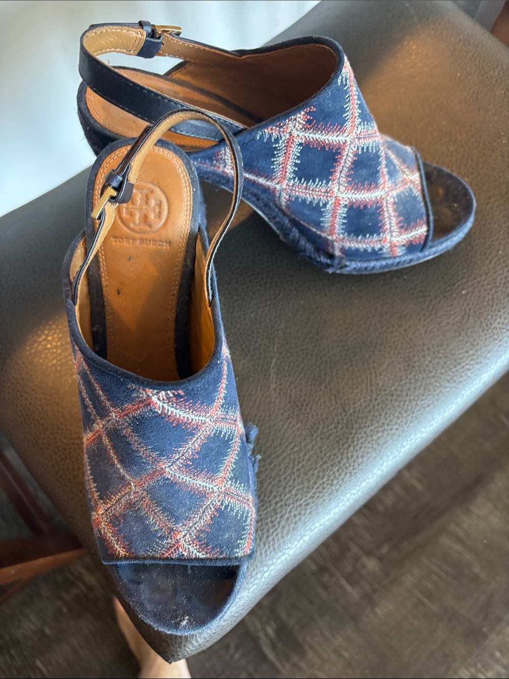 Tory Burch Navy Plaid Open-Toe Wedge Sandals with Red Accents